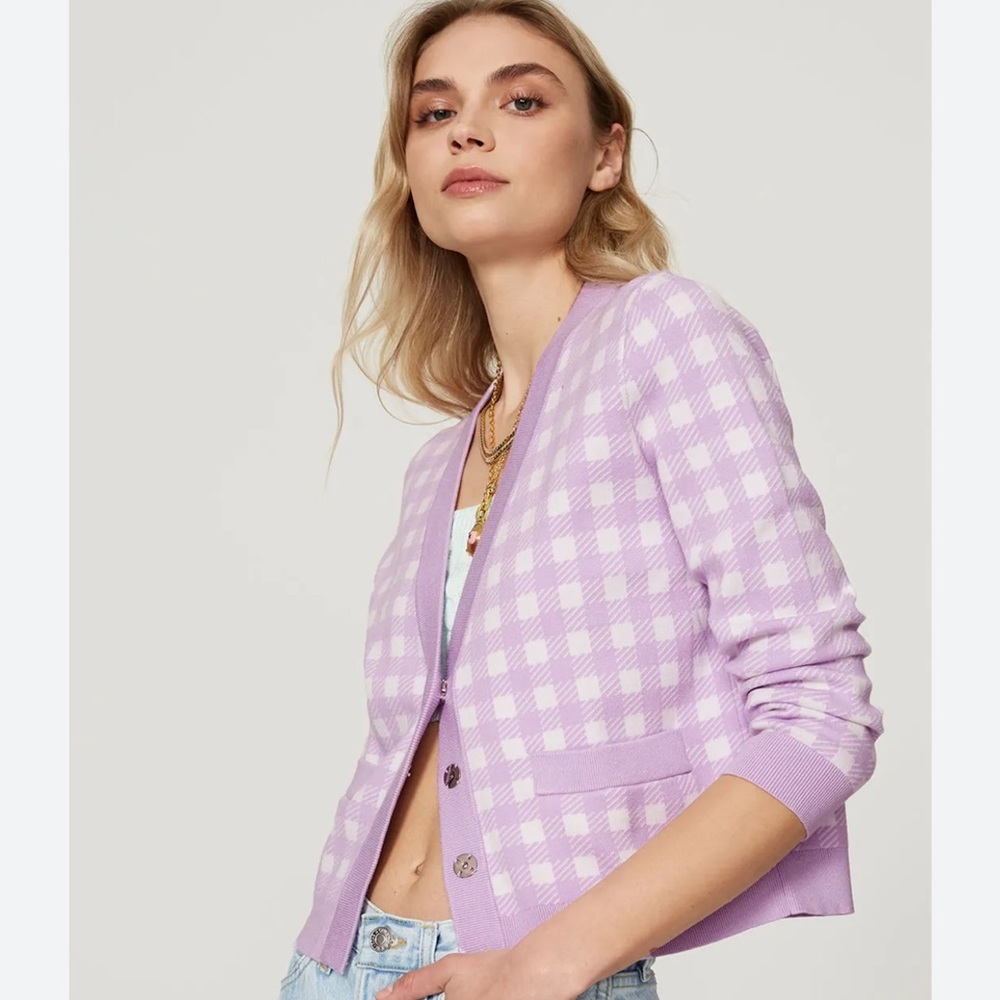 Maje Lilac Checkered Cardigan